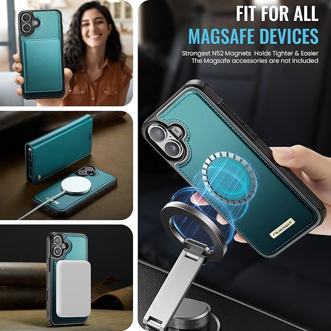PlusnapX Wallet Case for iPhone 17 Compatible with Magsafe, 2-in-1 PU Leather Flip RFID Blocking Card Holder Stand Shockproof Magnetic Detachable Cover for iPhone 17 Case 6.3", Bluegreen