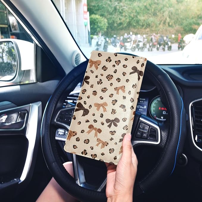 Leopard Bow Car Registration and Insurance Holder Leather Vehicle Document Glove Box Organizer for License Cards Accessories
