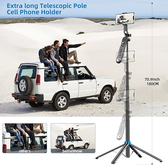 Selfie Stick Phone Tripod-71 Cell Phone Holder with Remote, 1/4" Screw Thread Adapter, Travel Tripod for Recording, Video and Picture, Compatible with iPhone, Android, Camera & Gopro