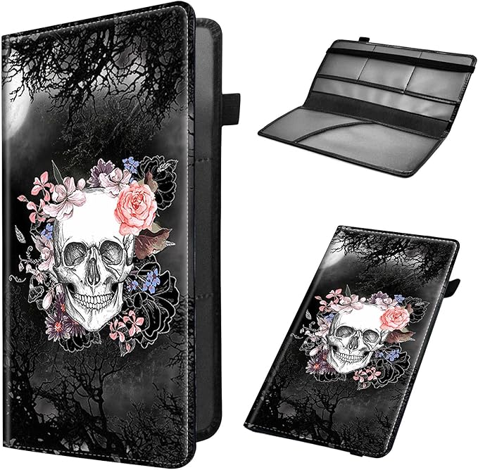 Car Registration and Insurance Holder, Leather Car Glove Box Organizer, Cool Car Accessories for ID, Driver's License Cards & Essential Document, business cards, Men&Women,Skull Flower