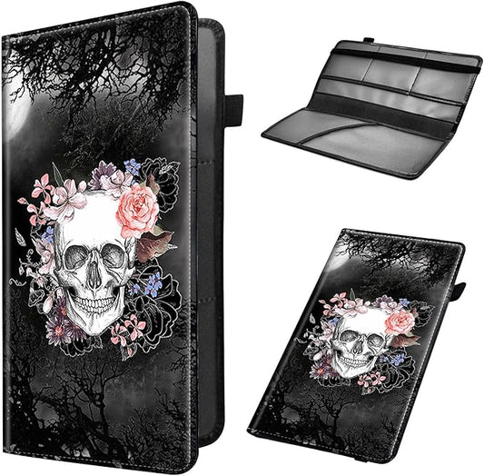 Car Registration and Insurance Holder, Leather Car Glove Box Organizer, Cool Car Accessories for ID, Driver's License Cards & Essential Document, business cards, Men&Women,Skull Flower
