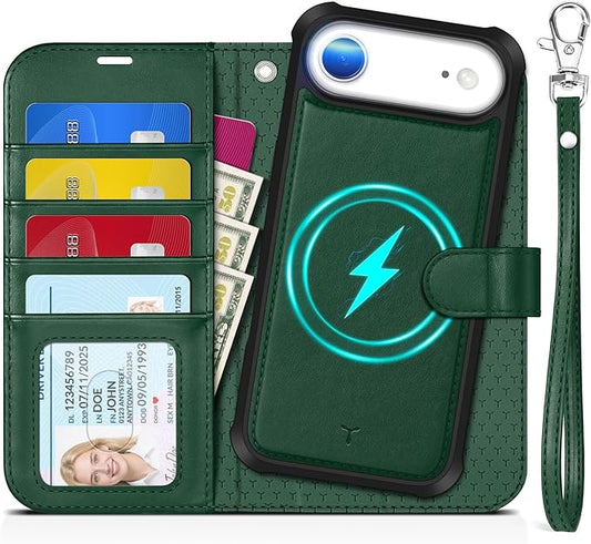 TUCCH Detachable Case Wallet for iPhone Air (6.5") 2025, Removable Wrist Strap, Wireless Charging, Stand, 4 Card Slots RFID Blocking, 2-in-1 Magnetic, PU Leather, Shockproof Folio Cover, Evergreen