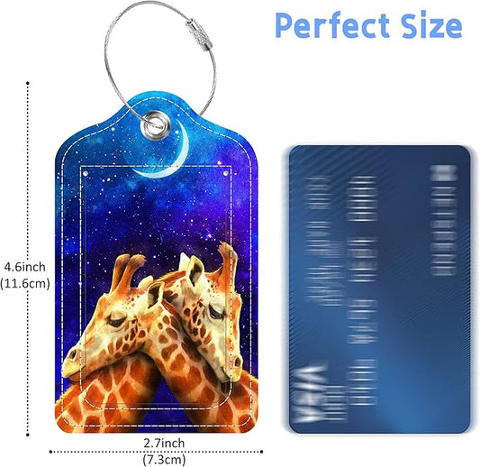 Set of 2 Luggage Tags Couple Giraffe at Galaxy Sky Leather Suitcases Tag with Privacy Cover Stainless Steel Loop and Address Card for Women Men Travel