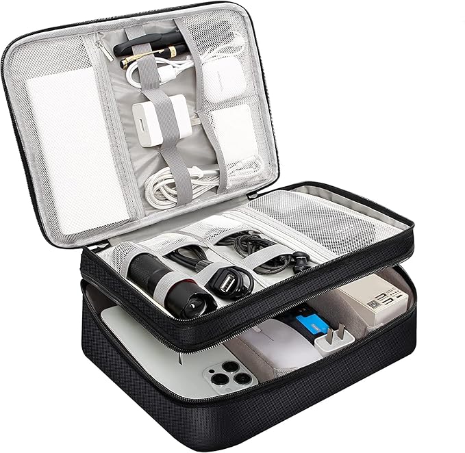 Electronics Travel Organizer, Double Layer Cable Organizer Bag Waterproof Electronics Accessories Storage Bag for Charger, Phone, Power Bank, Hard Drive, Cord, Tablet