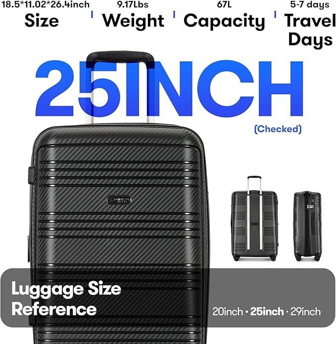 GinzaTravel 25 Inch Medium Checked Luggage Lightweight Suitcase with Spinner Wheels TSA Lock, Black