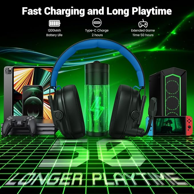 Wireless Gaming Headset with Noise Canceling Microphone for PC, PS5, PS4, Switch, Mac, 2.4 GHz Wireless & Bluetooth 5.4 Gaming Headphones, Cool RGB Lighting, 50Hr Battery, 50mm Drivers(Blue)