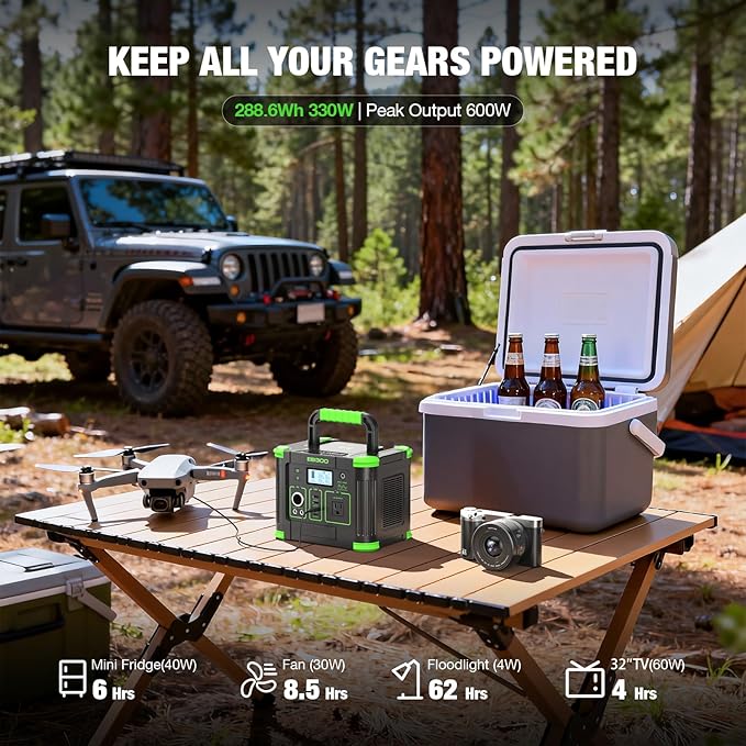 300W Portable Power Station, 288.6Wh Solar Generator 600W Peak Solar Generator with PD 60W USB-C, 5W Wireless Charger & SOS LED Light for Camping, RV Travel, Home Emergency & Outdoor Adventures
