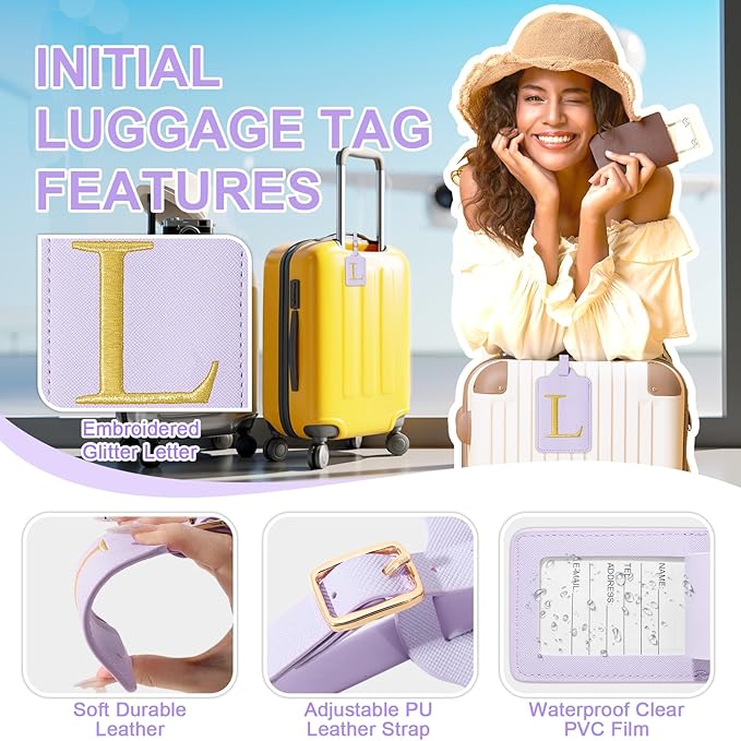 Personalized Initial Luggage Tags for Suitcase, Purple Leather Cute Luggage Tags with Privacy Cover Name Card, Embroidered Custom Monogrammed Luggage Tag Travel Backpack Tags Gifts for Women Kids(L)