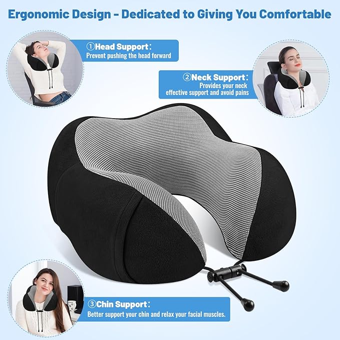 CloudBliss Travel Pillow Premium Memory Foam, Comfortable & Supportive Neck Pillow, Sleeping Neck Pillows for Travel, Airplane Pillow for Sleeping Airplane, Car, Office and Home（Black）