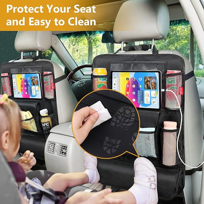 Car Seat Organizer with 13 in Tablet Holder, Waterproof Back Seat Protector, Kick Mats with 9 Storage Pockets, Interior and Travel Essentials, 2 Pack