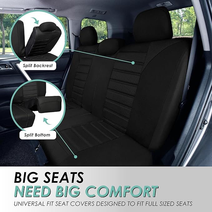 FH Group Automotive Car Seat Covers Rear Set Premium 3D Air Mesh Seat Covers, Airbag Compatible and Split Bench Cover Universal Fit Interior Accessories for Cars Trucks and SUVs - Black