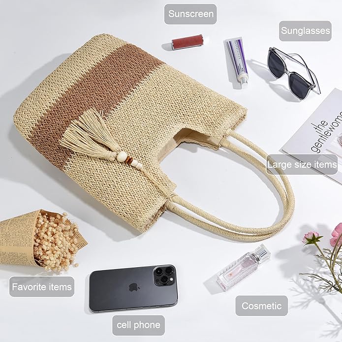 Straw Beach Bags for Women Woven Beach Tote Bag Casual Boho Large Shoulder Handbags Purse for Vacation Holiday
