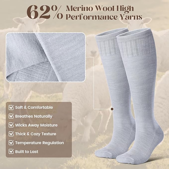 LEVSOX Thick Merino Wool Compression Socks for Women and Men 20-30mmHg Knee High Support Socks for Flying Nurses Pregnancy