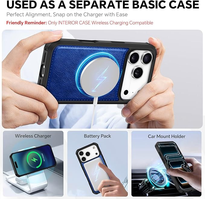 TUCCH 2-in-1 Detachable Wallet Case for iPhone 17 Pro (6.3-inch) 2025, RFID Blocking 4 Card Slot | Wireless Charging | Wrist Strap | Kickstand | Magnetic | PU Leather | Protective Cover | Klein Blue