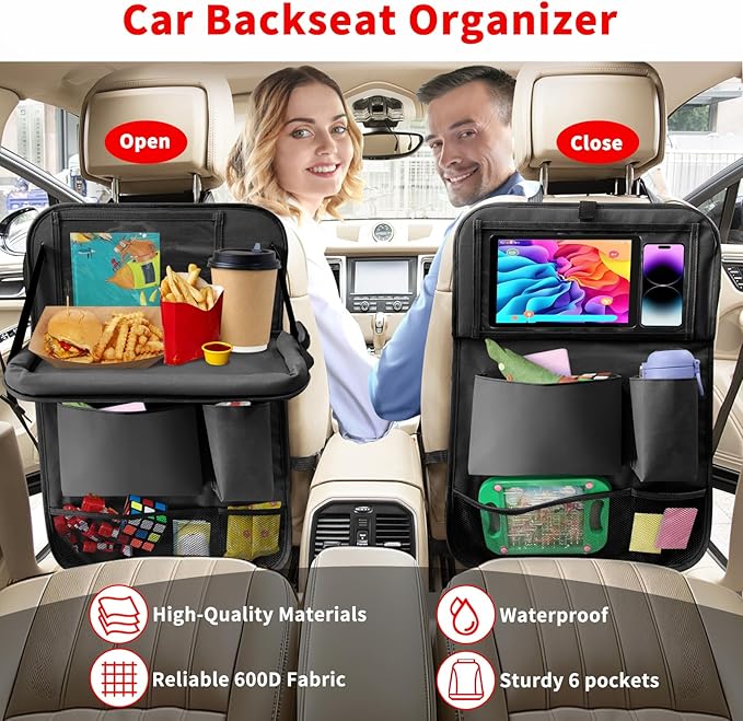 Etre Jeune Car Backseat Organizer with Tablet Holder, 6 Storage Pockets Seat Back Protector with Foldable Tray, Kick Mats Back Seat Cover for Kids Toddlers, Travel Accessories, 1 Pc