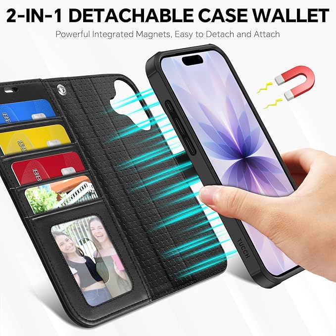 TUCCH 2-in-1 Detachable Wallet Case for iPhone 17 (6.3-inch) 2025, Wireless Charging | RFID Blocking 4 Card Holders | Wrist Strap | Kickstand | Magnetic | PU Leather | Protective Flip Cover | Black
