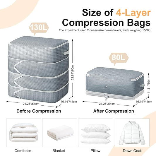 Comforter Storage Bag - 130L Large Capacity Blanket Storage Bags 4-Layer Ultra Space Saving Self Compression Organizer, Washable Compression Bags for Storage Comforter Blanket, 4-Pack, Grey