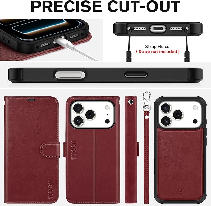 TUCCH Detachable Case Wallet for iPhone 17 Pro (6.3") 2025, Wrist Strap | 4 Card Holders RFID Blocking | Wireless Charging | Stand | 2-in-1 Magnetic | PU Leather | Shockproof Folio Cover | Dark Red