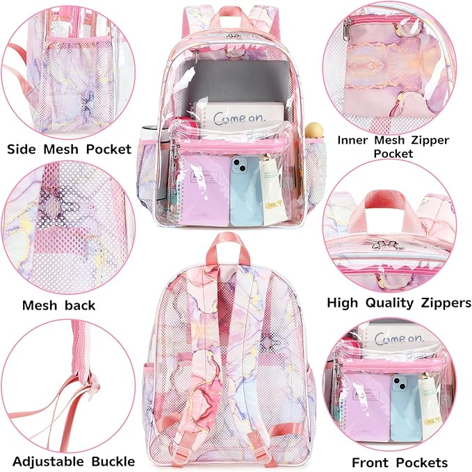 CAMTOP Clear Backpack Heavy Duty Transparent Bag See Through BookBag for Student School Work Festival Sport Travel (Z-Pinck)