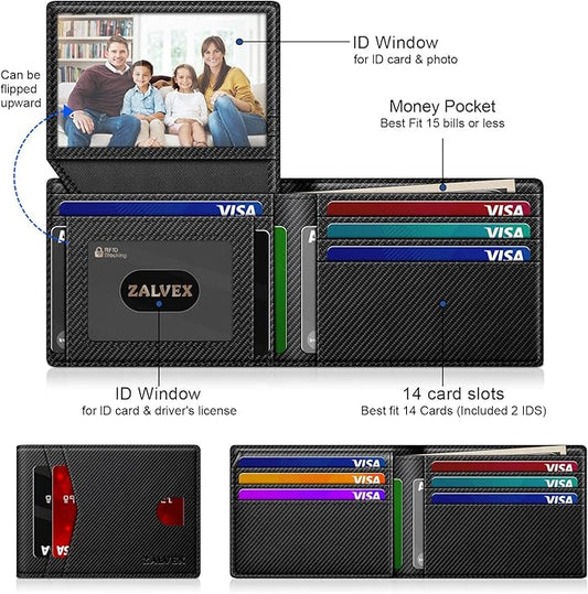 Wallet for Men Slim RFID Blocking Leather Credit Card Holder Wallet for 14 Cards, Bifold Minimalist Thin Wallet with 2 ID Windows & Cash Slot, Front Pockt Carteras Para Hombres, Birthday Gifts for Men