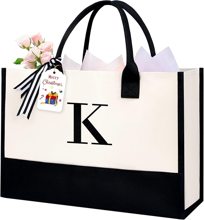 BAGAIL Initial Tote Bag, Personalized Birthday Gifts for Women, Teacher, Friends, Mom, Wedding, Monogrammed Beach Bag