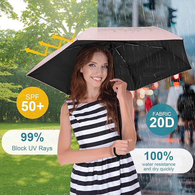 G4Free Mini Travel Umbrella UPF 50+ Ultralight Slim UV Protection Parasol, Windproof Compact Umbrella for Sun & Rain, Portable with J Hook Curved Handle Japanese Style for Women