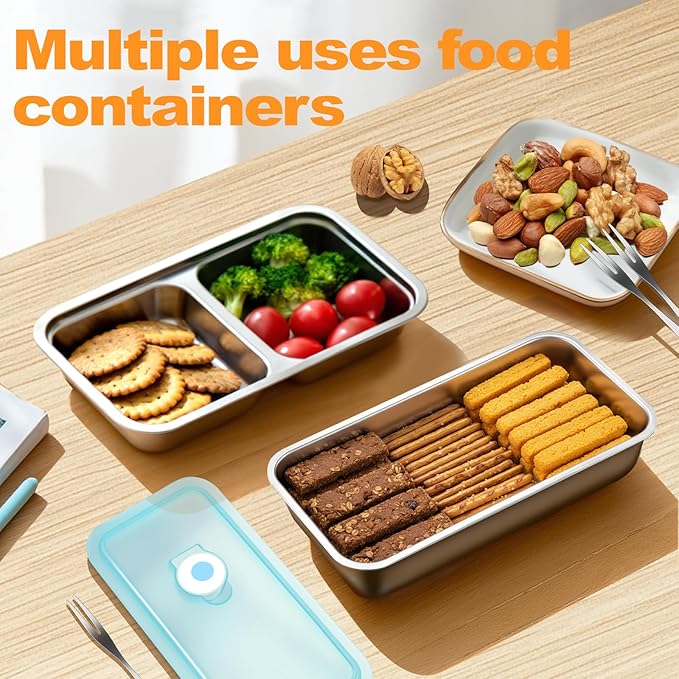 vovoyager Stainless Steel Snack Containers with Lids, Reusable Bento Lunch Container Box, Food Storage, Leak Proof, Dishwasher-Safe, Grab and Go for Work, 3 Single + 3 Double Compartment