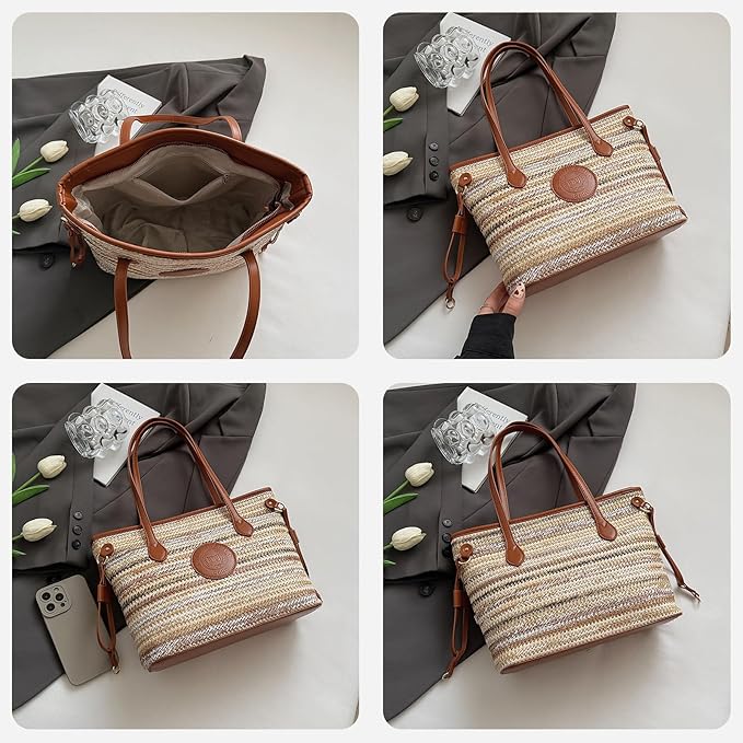ZOCILOR Women's Straw Shoulder Tote Bag with PU Leather Trim, Large Woven Beach Handbag, Lightweight Casual Summer Purse