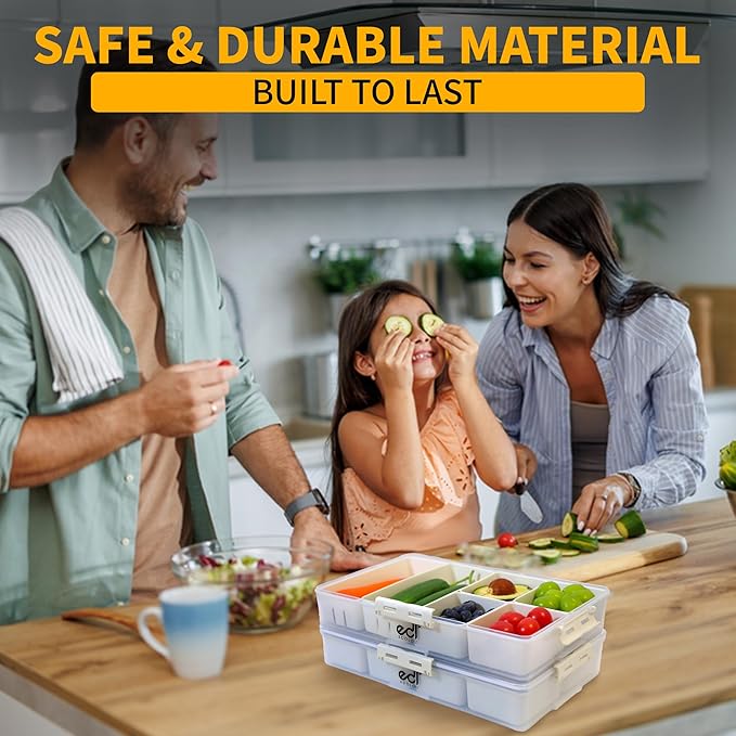 Stackable Snackle Box Organizer – 14 Compartments, BPA-Free & Portable with Lids & Handles – Reusable, Dishwasher & Microwave Safe Snacklebox for Fruits, Veggies & Snacks (White, 2 Pack)