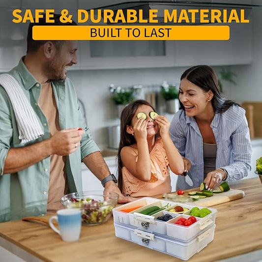 Stackable Snackle Box Organizer – 14 Compartments, BPA-Free & Portable with Lids & Handles – Reusable, Dishwasher & Microwave Safe Snacklebox for Fruits, Veggies & Snacks (White, 2 Pack)