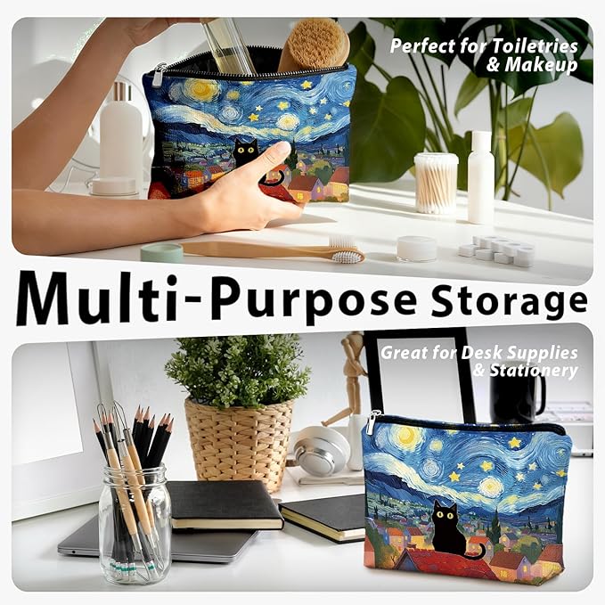 Black Cat Makeup Bag, Black Cat Mom Lovers Lady Gifts Cosmetic Bag for Women, Pet Lover Gifts, Celestial Starry Night Kitten Small Toiletry Bags Zipper Makeup Pouch