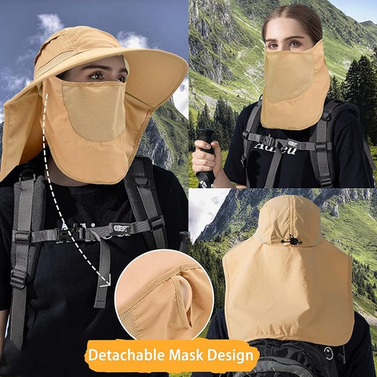 Sun Hats for Men Women Detachable Face Cover Wide Brim Fishing Hats with Neck Flap UPF 50+ Outdoor Safari Hats