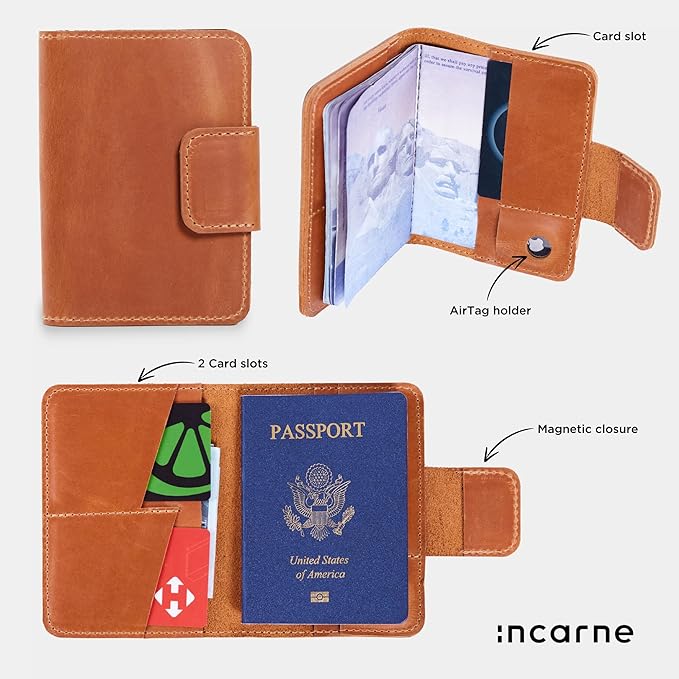 Leather Passport Holder for Travel Men - Travel Passport Wallet Compatible with Airtag Passports Cover with Card Slots & Note Compartment, Magnetic Closure, Genuine Leather, Vintage Cognac