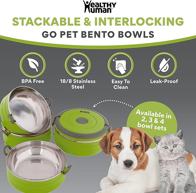 Healthy Human Travel Pet Bento Bowls - Human-Grade Stainless Steel & BPA-Free, Leak-Proof Water & Food Container Set for Dogs & Cats, 4-Pack Interlocking Bowls, Includes Spare Clips & Handle (Green)