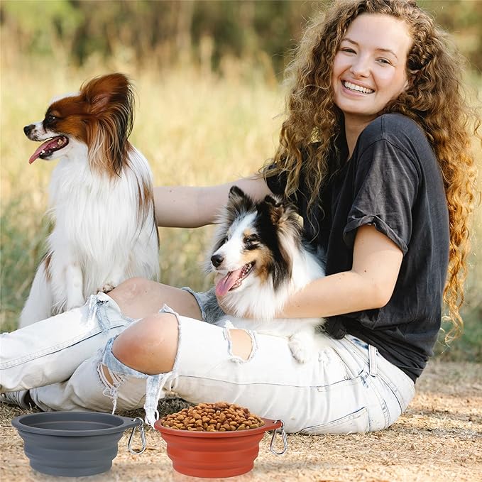 SLSON 2Pack Collapsible Dog Bowl,Integrated Molding Travel Bowl No Plastic Rim Pet Feeding Bowls for Walking Traveling Outdoors,600ML (Brown+Grey)