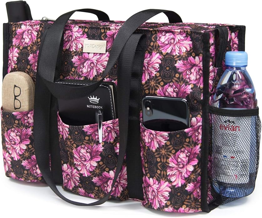 TOPDesign Utility Water Resistant Tote Bag with 13 Pockets, Top Zipper Closure & Thick Bottom Support, for Working Women