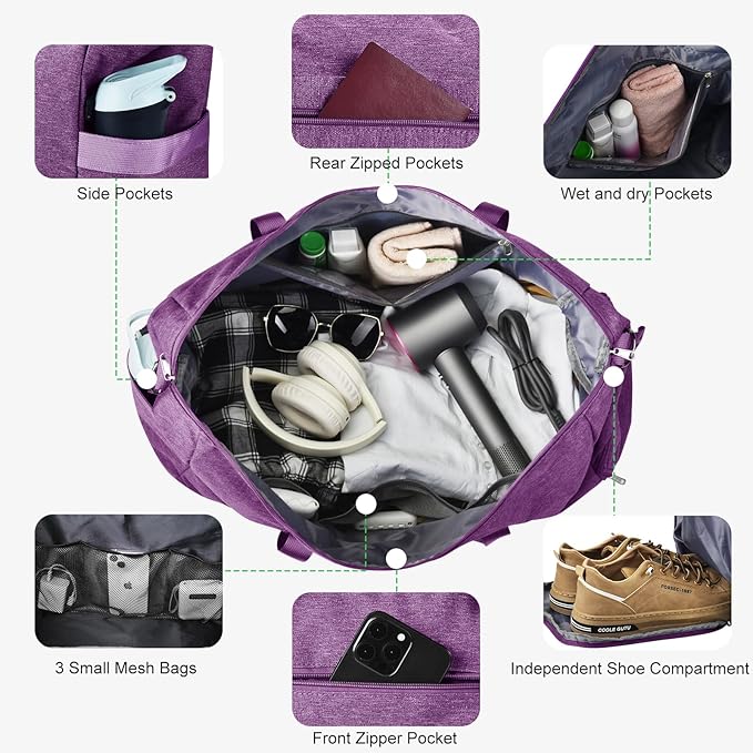 Felipe Varela Carry on luaggage Airlines Approved, Foldable Carry on Bag Travel Duffel Bags Overnight weekender Gym Duffle Carry Bag with Wet Pocket & Shoe Compartment for Women Men (Purple, 40L)