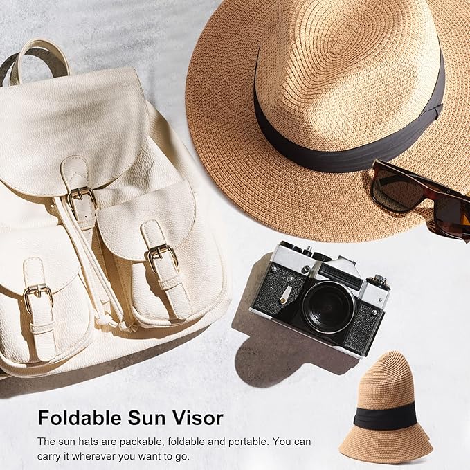 DRESHOW Women Straw Panama Hat Travel Fedora Beach Sun Hat Summer Wide Brim Straw Roll up Hat UPF 50+