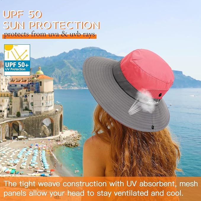 Sun Hats for Women Beach Hat Ponytail Hat Womens Sun Hat with UV Protection Wide Brim