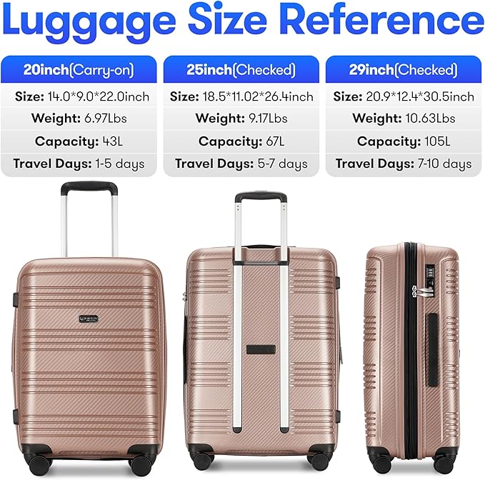 GinzaTravel 3 Piece Hardshell Expandable Luggage Sets with Spinner Wheels TSA Lock,Large Suitcases with Wheels, 20inch 25inch 29inch, Rose Gold