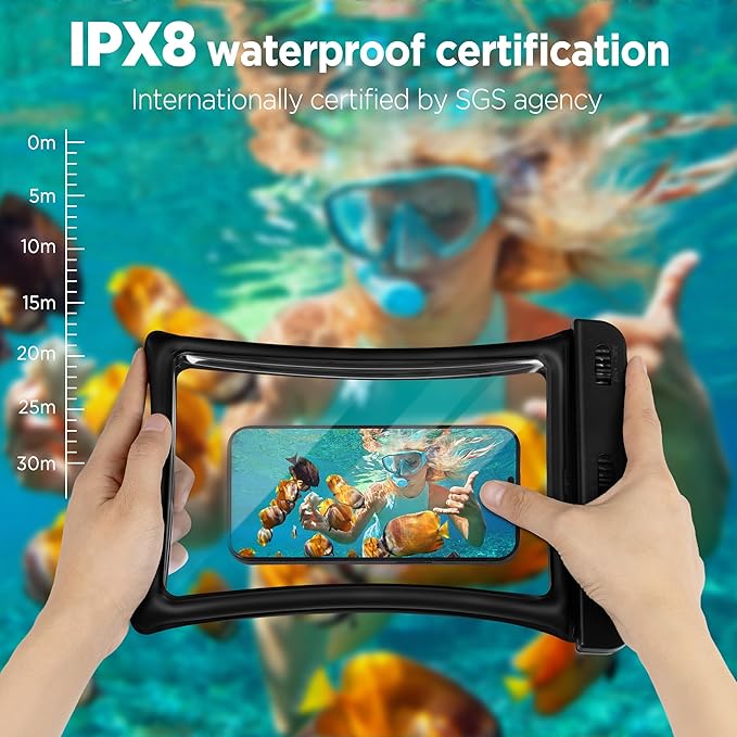 CACOE [Floatable Floating Universal IPX8 Waterproof Phone case 2 Pack-Up to 10.0",Adjustable Lanyard Phone Pouch,Cellphone Dry Bags for Vacation Beach Pool Kayak Cruise Travel Essentials（Black+Black）