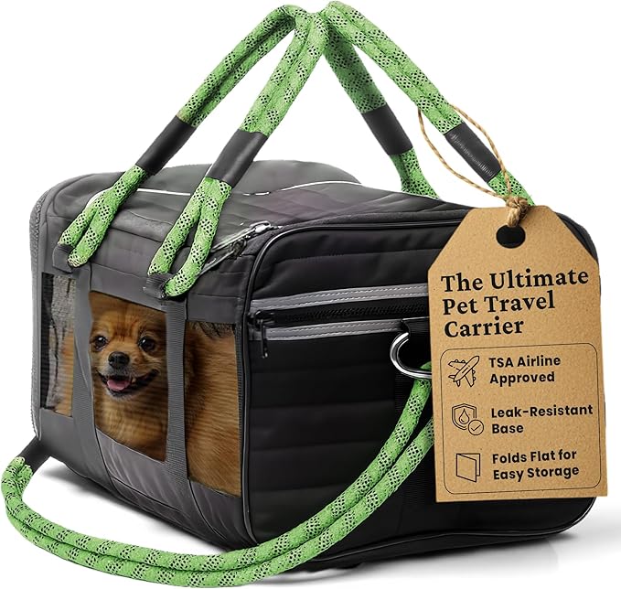 FLUFFY COMMUTE™ TSA Airline Approved Dog Carrier | Soft-Sided | Fits Small Dogs & Pets Up to 15 lbs & 17” Long × 11” Tall | Black w/Green Handle