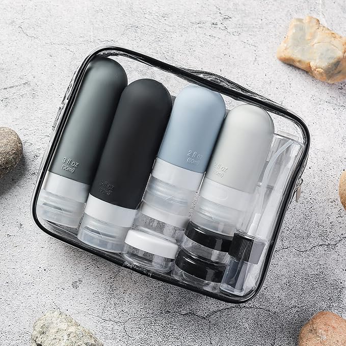 16 Pack Travel Bottles Set - TSA Approved Leak Proof Silicone Squeezable Containers for Toiletries, Conditioner, Shampoo, Lotion & Body Wash Accessories (Black)