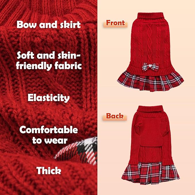 YUDODO Small Dog Sweater Dress with Bowtie Turtleneck - Knitted Pet Girl Dog Winter Clothes - Pet Warm Sweater for Puppy Yorkies, Chihuahua (M Red)