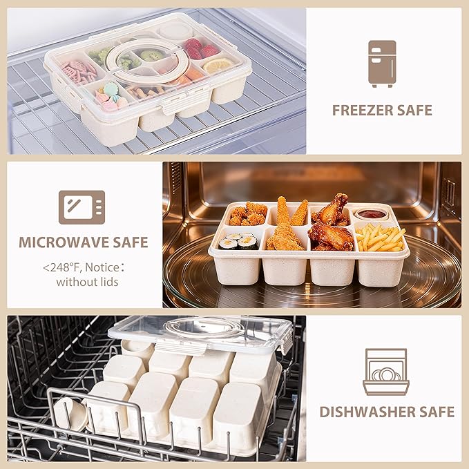 Wheat Straw Snackle Box Container,Dishwasher Safe-9 Compartment Divided Serving Tray with Lid and Handle, Built-in Dip Containers,BPA-Free,White