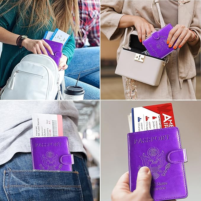 RSAquar Unisex Faux Leather Passport and Vaccine Card Holder Combo, Purple, Slim and Lightweight with RFID Blocking Technology