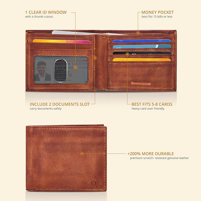 Oak Leathers Slim Leather Wallet for Men - RFID Blocking Slim Minimalist Front Pocket - Thin & Stylish with ID Window, Gift For Men (Vintage Tan)