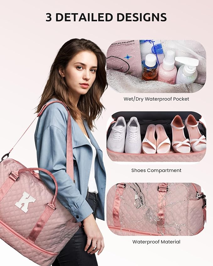 Vogewood Initial Duffle Bag with Shoe Compartment, Personalized Weekender Bag, Monogram Overnight Bag for Women with Trolley Sleeve & Wet Pocket, Letter Travel Bag with Makeup Bag (Letter D), Pink