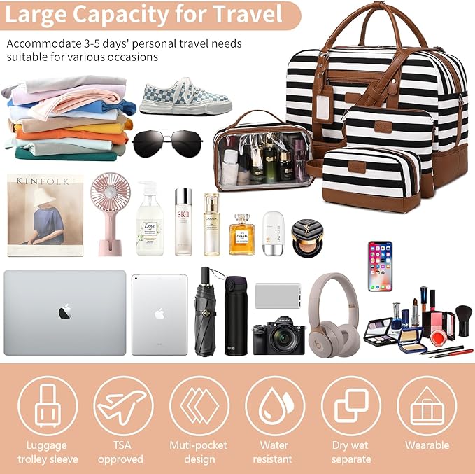 Wogarl Weekender Bags for Women Large Canvas Overnight Bag Travel Duffel Bags Carry on Shoulder Weekend Bag with Shoe Compartment for Travel Night Flight Daily Use