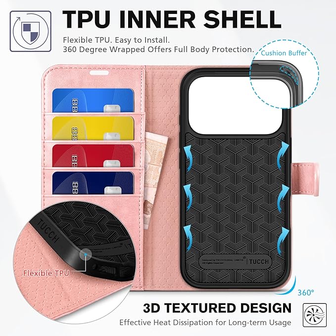 TUCCH Case Wallet for iPhone 17 Pro (6.3") 2025, Stand | RFID Blocking | 4 Card Holder | PU Leather | Magnetic Closure Folio Protective Cover | TPU Shockproof Inner Shell | Rose Gold